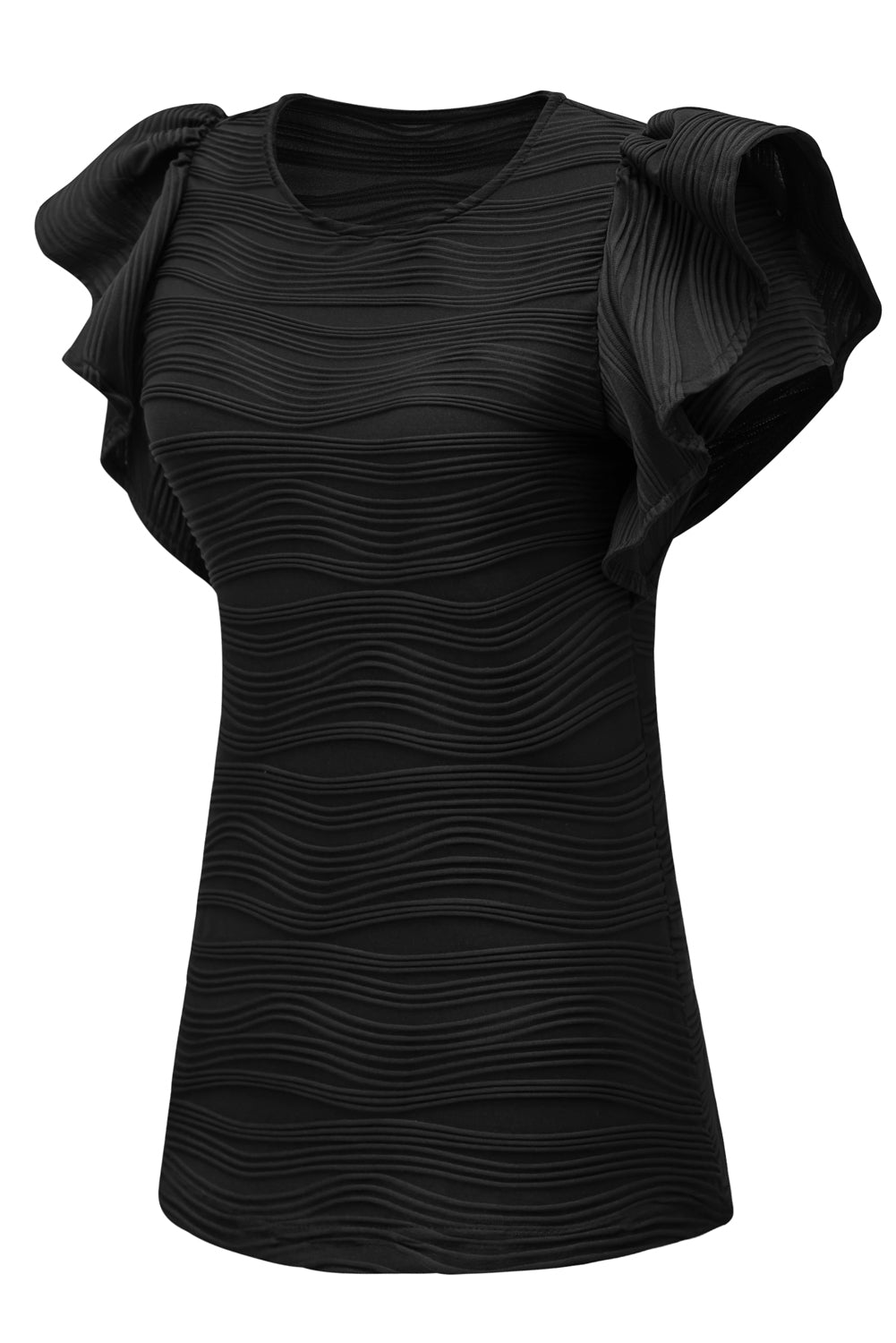 Black Plain Wavy Textured Ruffle Sleeve BlouseMaterial:90%Polyester+10%Elastane



		The wavy textured fabric adds an extra layer of sophistication, making this top a standout choice. 
	
	
		Embrace a playf