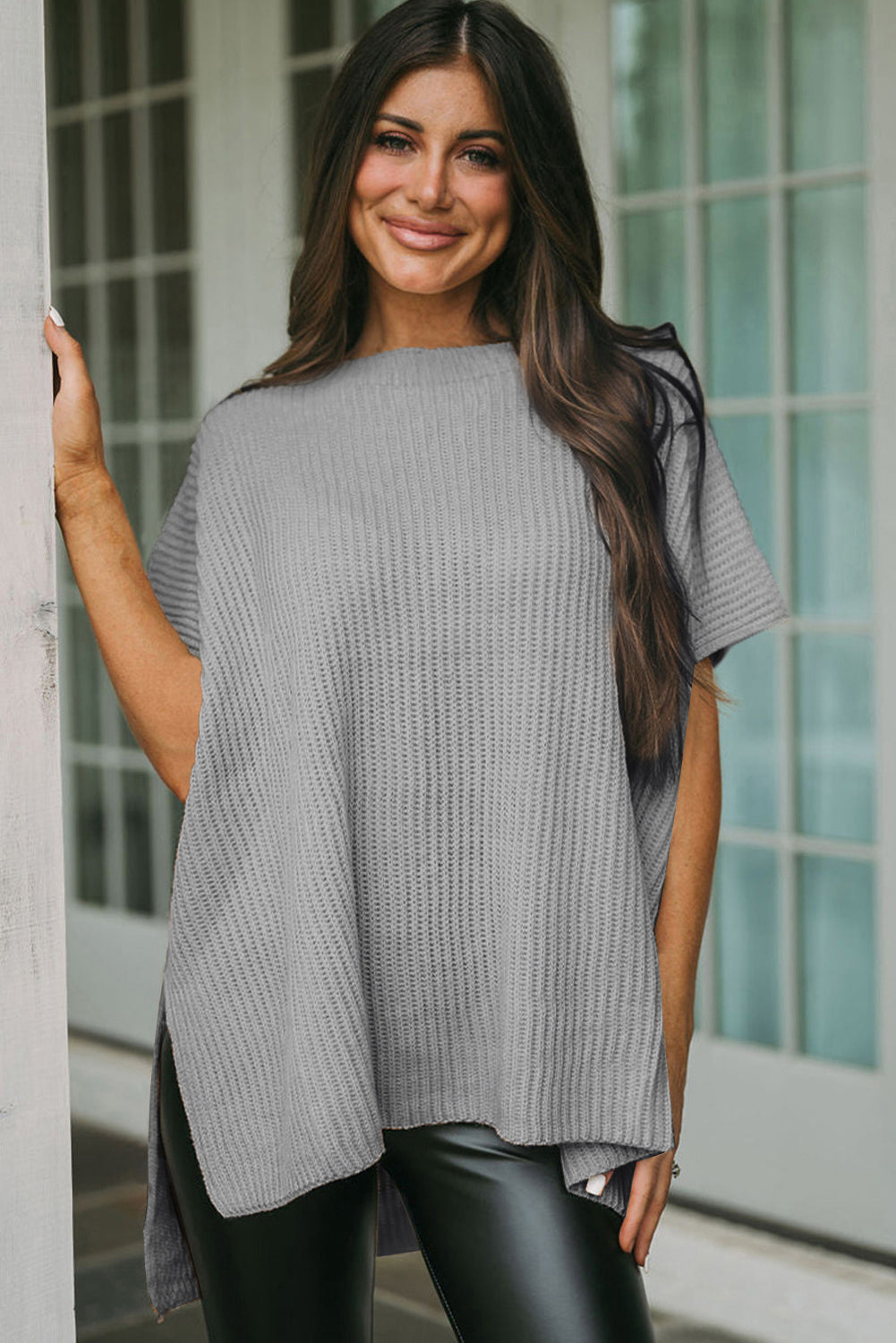 Apricot Side Slit Short Sleeve Oversized SweaterMaterial:55%Acrylic+45%Cotton



		The sweater is a comfortable and chic addition to your wardrobe. Made from breathable, lightweight, and stretchy knitted fabric,