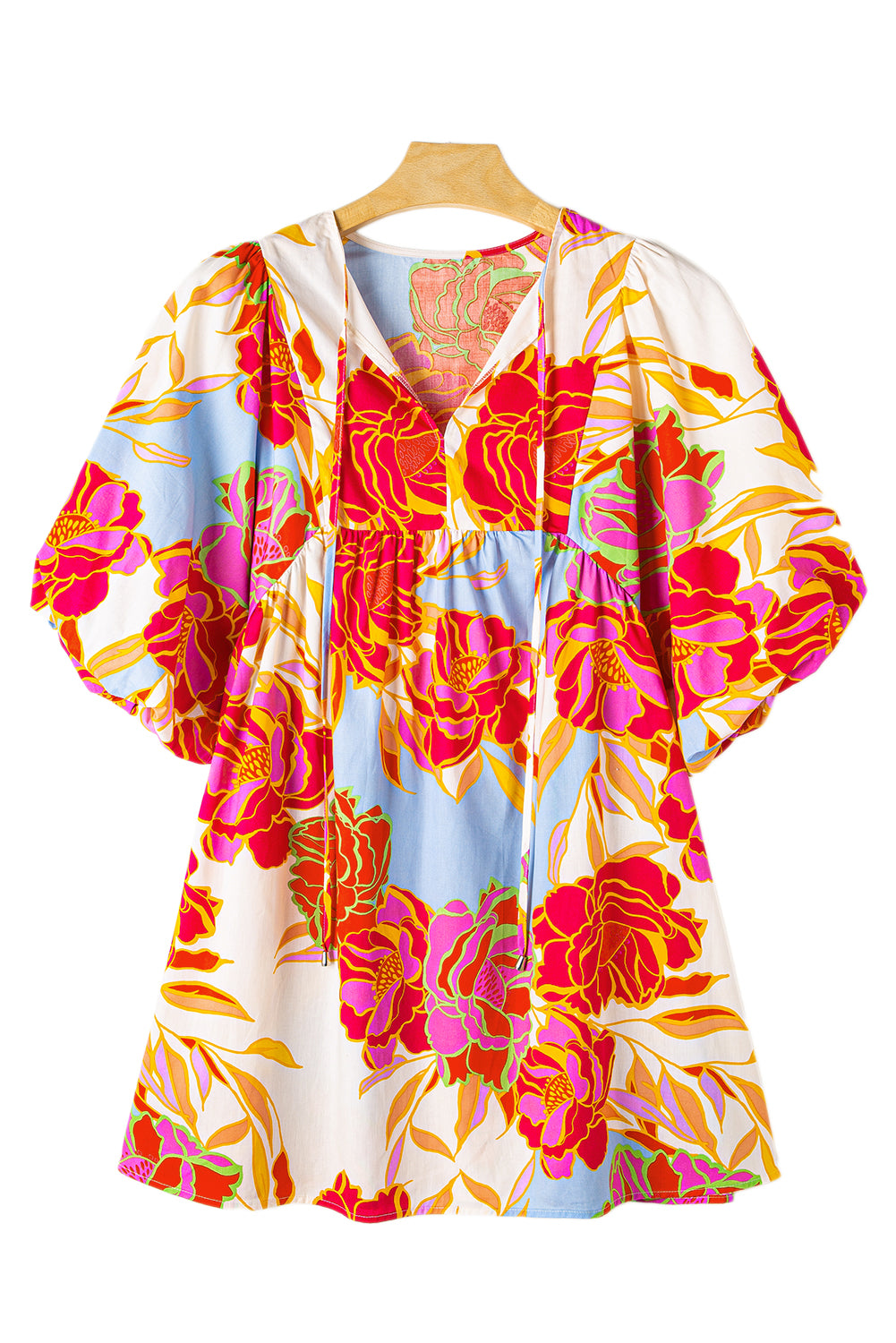 White Puff Sleeve Tied Split Neck Colorful Floral Flowy DressMaterial:100%Cotton


	


		Step into elegance with our mini dress, a vibrant and feminine piece designed to make a statement.
	
	
		This dress features charm