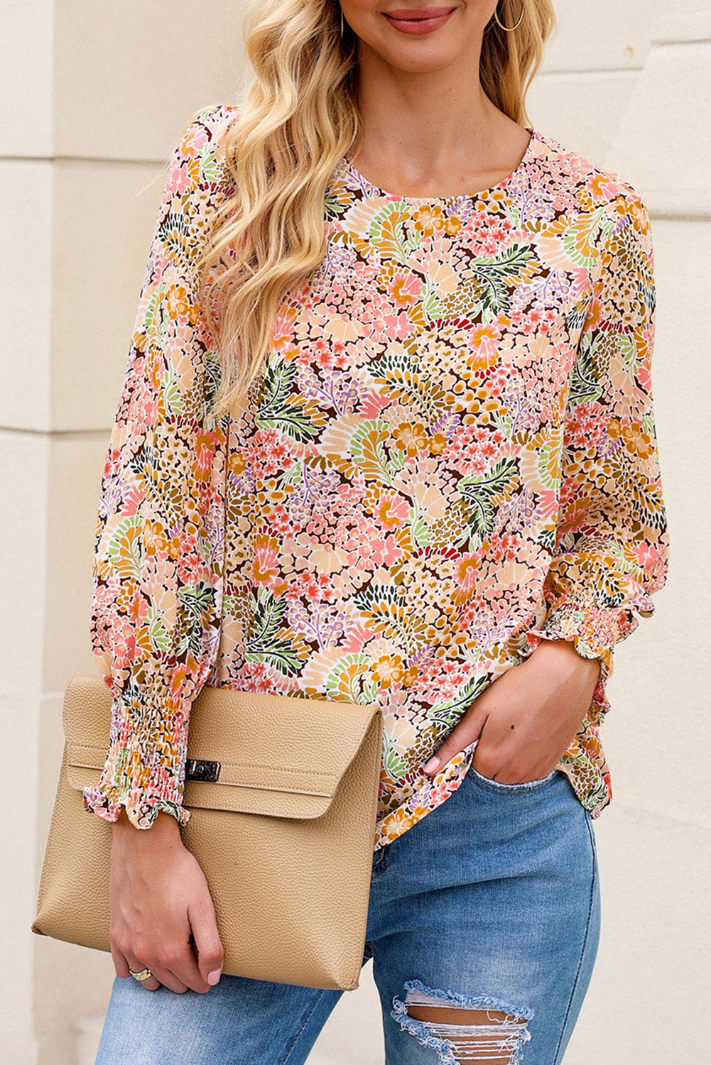 Multicolor Floral Print Smocked Cuffs Long Sleeve BlouseMaterial:100%Polyester


	

			The Floral Print Smocked Cuffs Long Sleeve Blouse is a feminine and elegant addition to any wardrobe. Its delicate floral print and