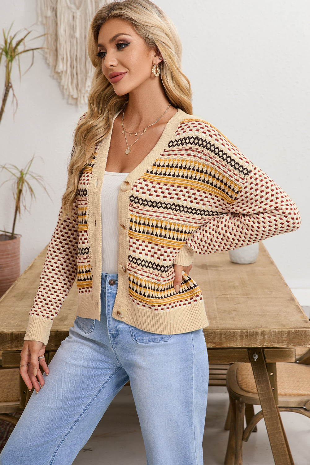 Khaki Geometric Pattern Button Front V Neck Cropped Cardigan