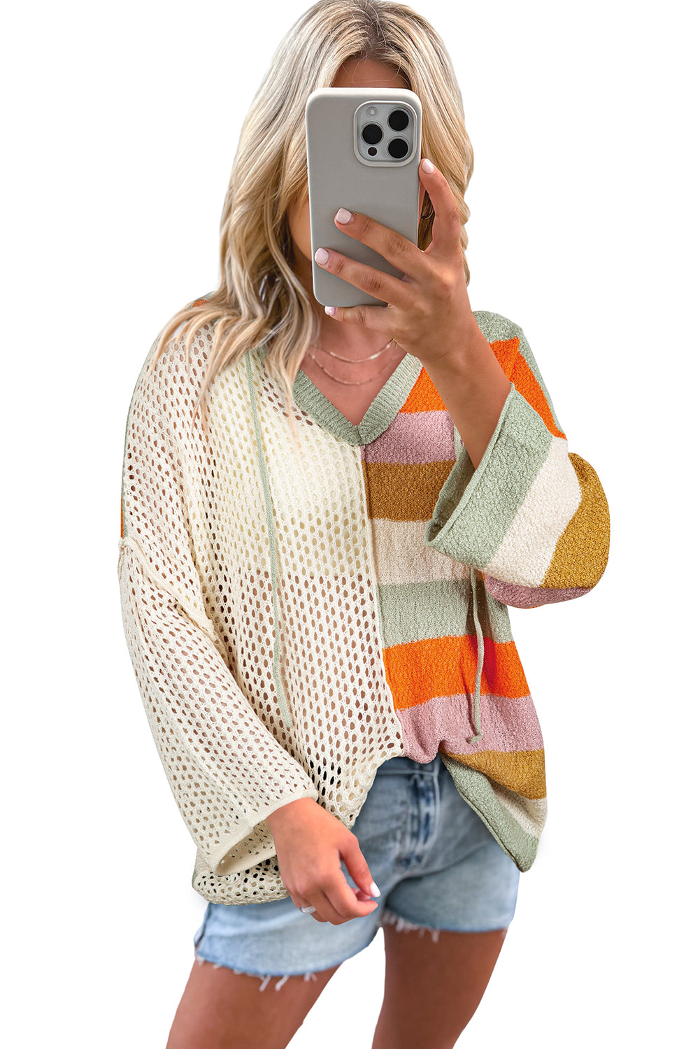 Beige Oversized Colorblock V Neck Hooded SweaterMaterial:100%Acrylic

• Soft and cozy, this sweater offers a relaxed fit perfect for a laid-back day out.
• The rib-knit design adds texture and depth to the sweat