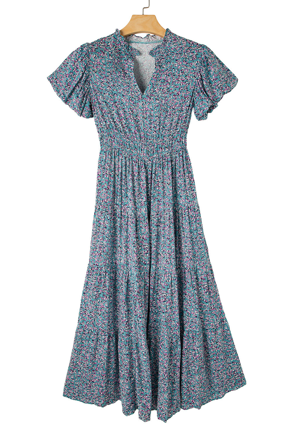 Blue Abstract Print Split V Neck Shirred High Waist Maxi DressMaterial:100%Viscose

• Embrace bohemian elegance with our dress, featuring a unique abstract pattern in shades of blue, perfect for a beach vacation or summer gath