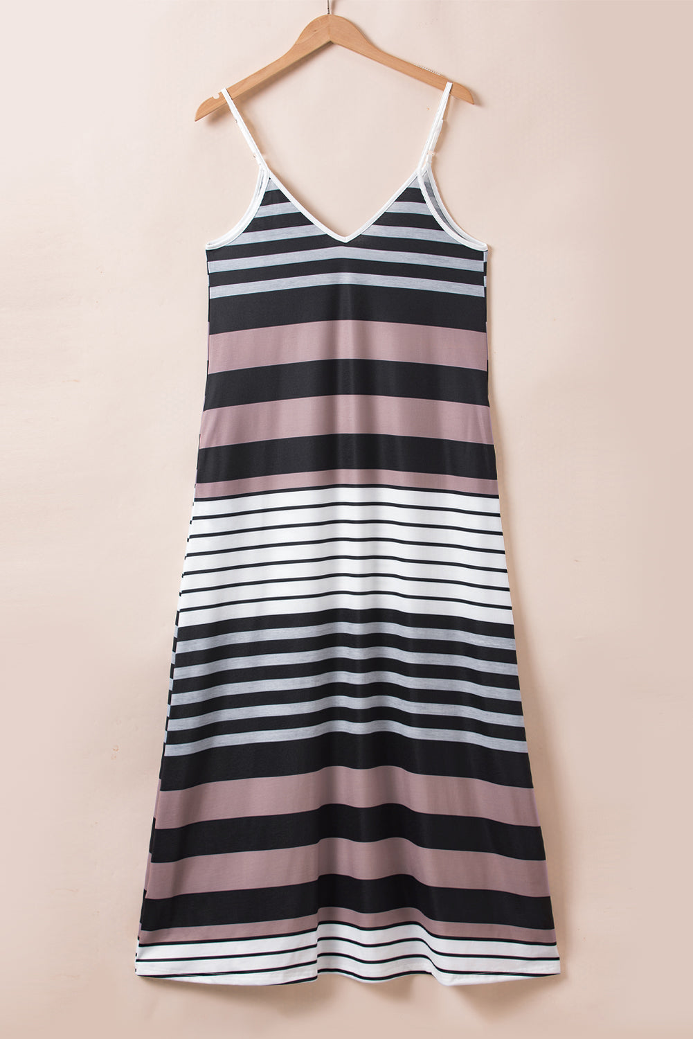 Multicolour Stripes Spaghetti Straps V Neck Maxi DressMaterial:95%Polyester+5%Elastane



		Stand out in vibrant multicolor stripes
	
	
		Convenient pockets for practicality
	
	
		Stay cool with sleeveless desig