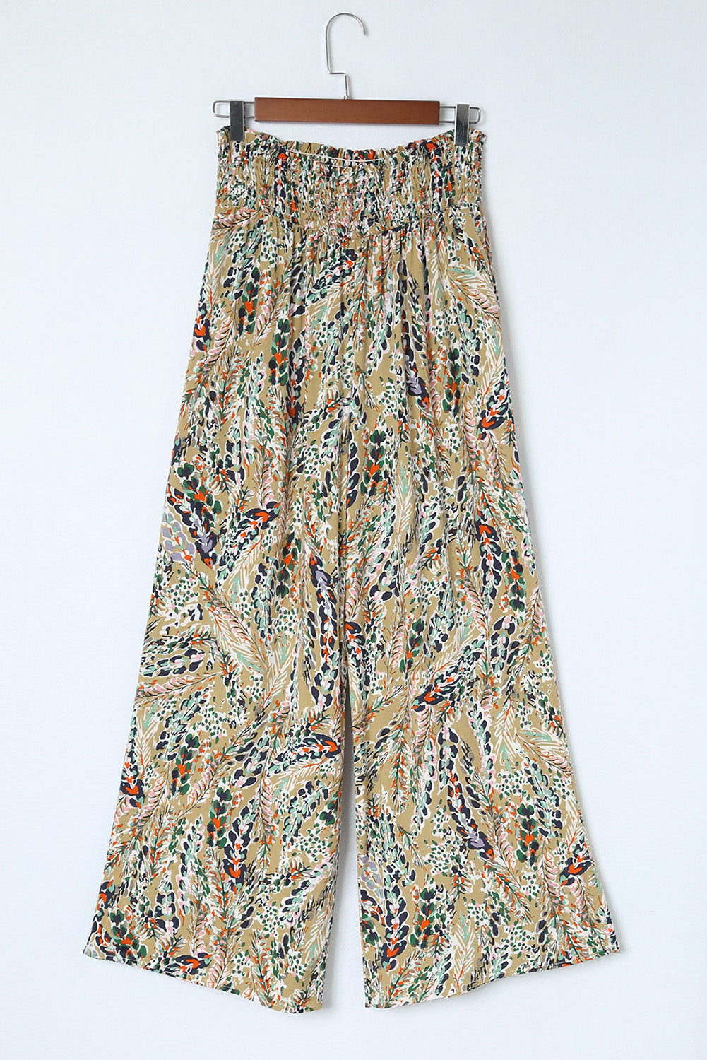 Multicolor Abstract Print Shirred High Waist Wide Leg PantsMaterial:100%Viscose



		The pants feature a vibrant and colorful floral print, adding a lively touch to your wardrobe.
	
	
		Made of soft and lightweight fabr