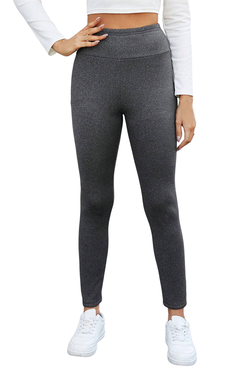 Dark Grey Fleece Lined Thermal Knit Ankle High Waist LeggingsMaterial:90%Polyester+10%Elastane

• Embrace the cozy warmth of this leggings, perfect for daily wear in chilly weather.
• The leggings offer a snug fit that conto