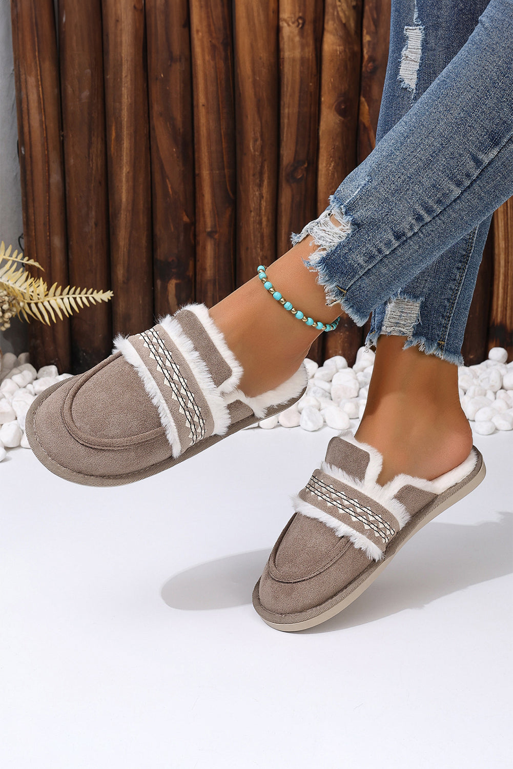 Chestnut Suede Wavy Striped Plush Lined Home SlippersThe plush lining ensures ultimate comfort and warmth during chilly evenings.
	
	
		Slip-on style for convenience and ease of wear, perfect for lounging around the