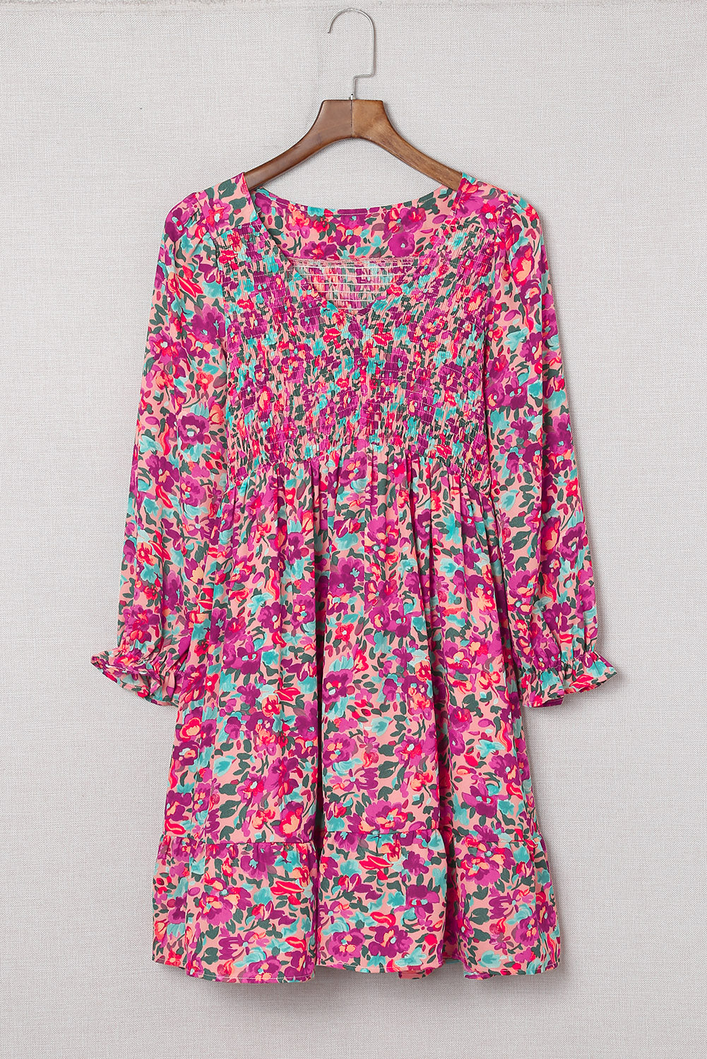 Purple Floral Print Long Sleeve Flounce Hem V Neck Smocked Dress