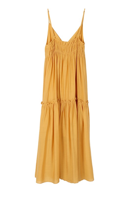 SL tank dress*Low cut mustard yellow tank dress*Pattern type : solid*Color : mustard*Neck line : V neck*Sleeve length : sleeveless*Stretch : no stretch*Sheer : lined, no see thro