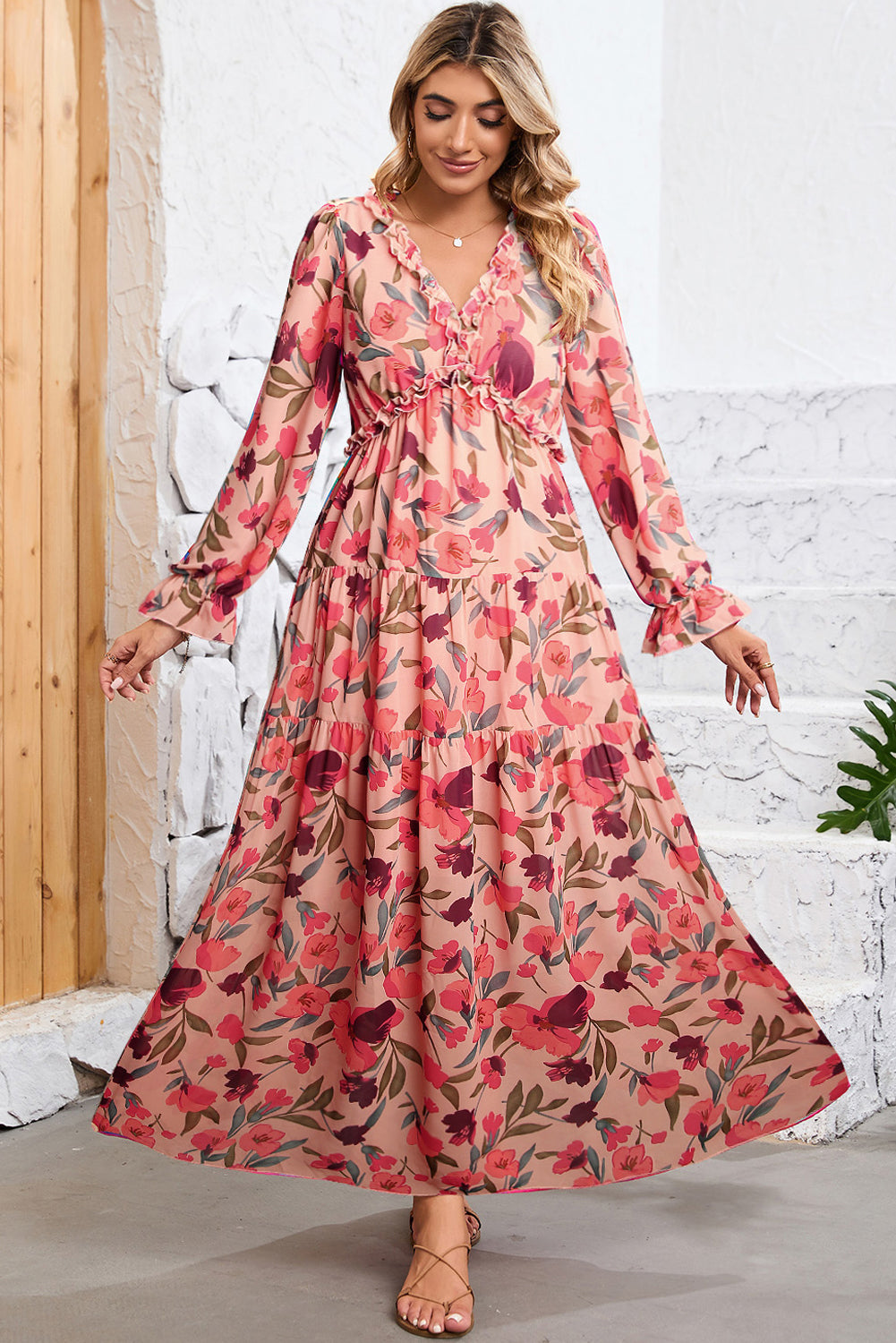 Pastel Red Floral Print Ruffle Trim Plunge Neckline Maxi DressMaterial:100%Polyester

• The maxi dress is a stunning piece that seamlessly blends a bold red hue with delicate floral patterns for a captivating look.
• The Plun