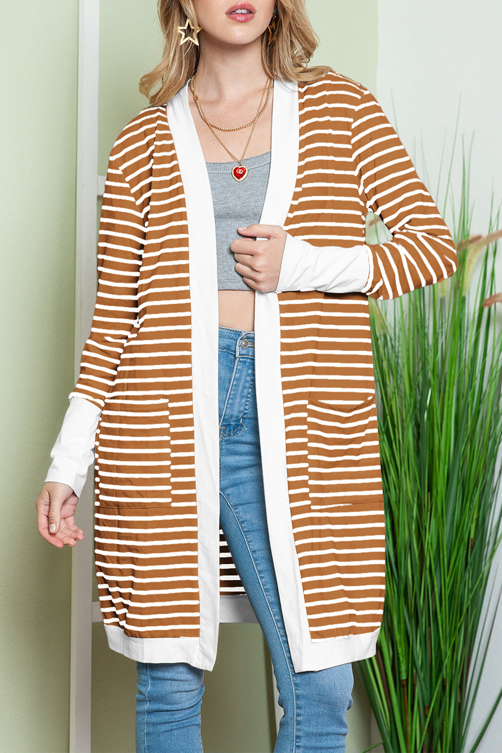 Brown Striped Side Pockets Open Front Long Cardigan