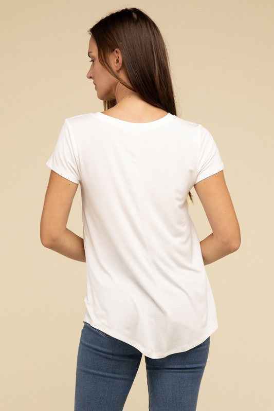 Flowy Round Hem Rayon Short Sleeve TopThe Flowy Round Hem Rayon Short Sleeve Top is the perfect addition to your casual wardrobe. Crafted from soft, lightweight rayon, this top features a relaxed fit and