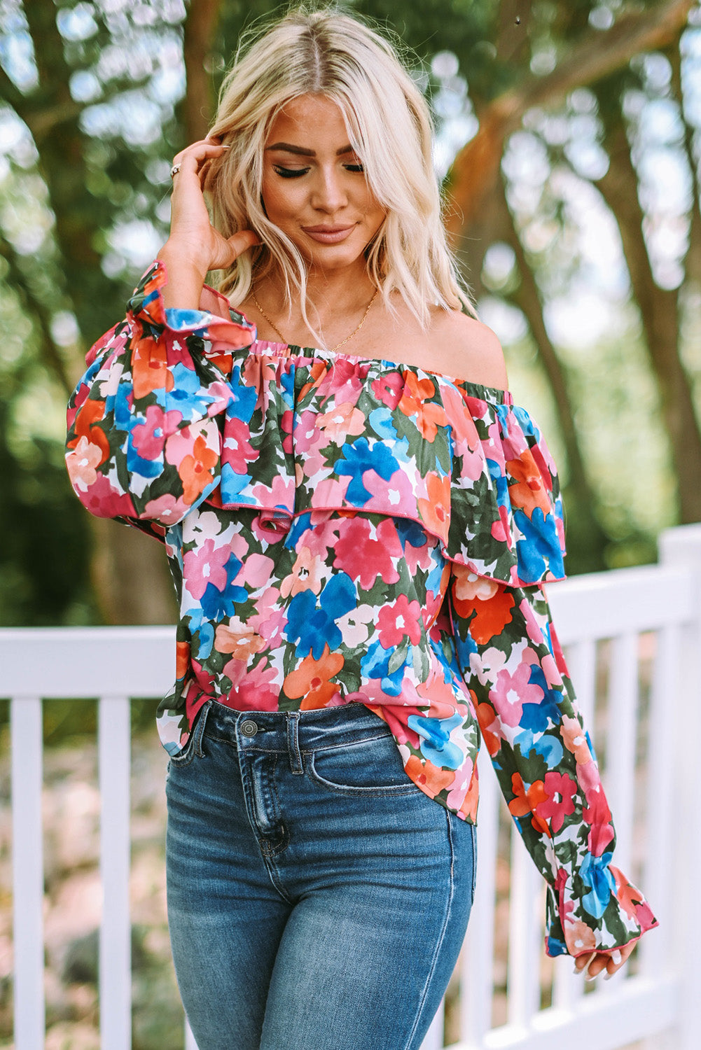 Multicolor Bohemian Floral Print Shirred Ruffle Off Shoulder BlouseMaterial:100%Polyester


	

			This floral print blouse is perfect to change a stylish summer look
		
		
			Featured with off-shoulder, puffy sleeve, and flora