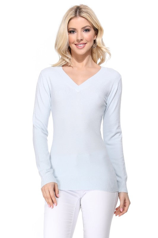 Women's Long Sleeve V-Neck Pulll Over Sweater Top- 25"-26.5" Length, V-Neck, Long Sleeve, Casual, Basic, and Classic Viscose Knitted Pullover Sweater- Lightweight Knit Pullover Sweater with High Quality Soft Viscos