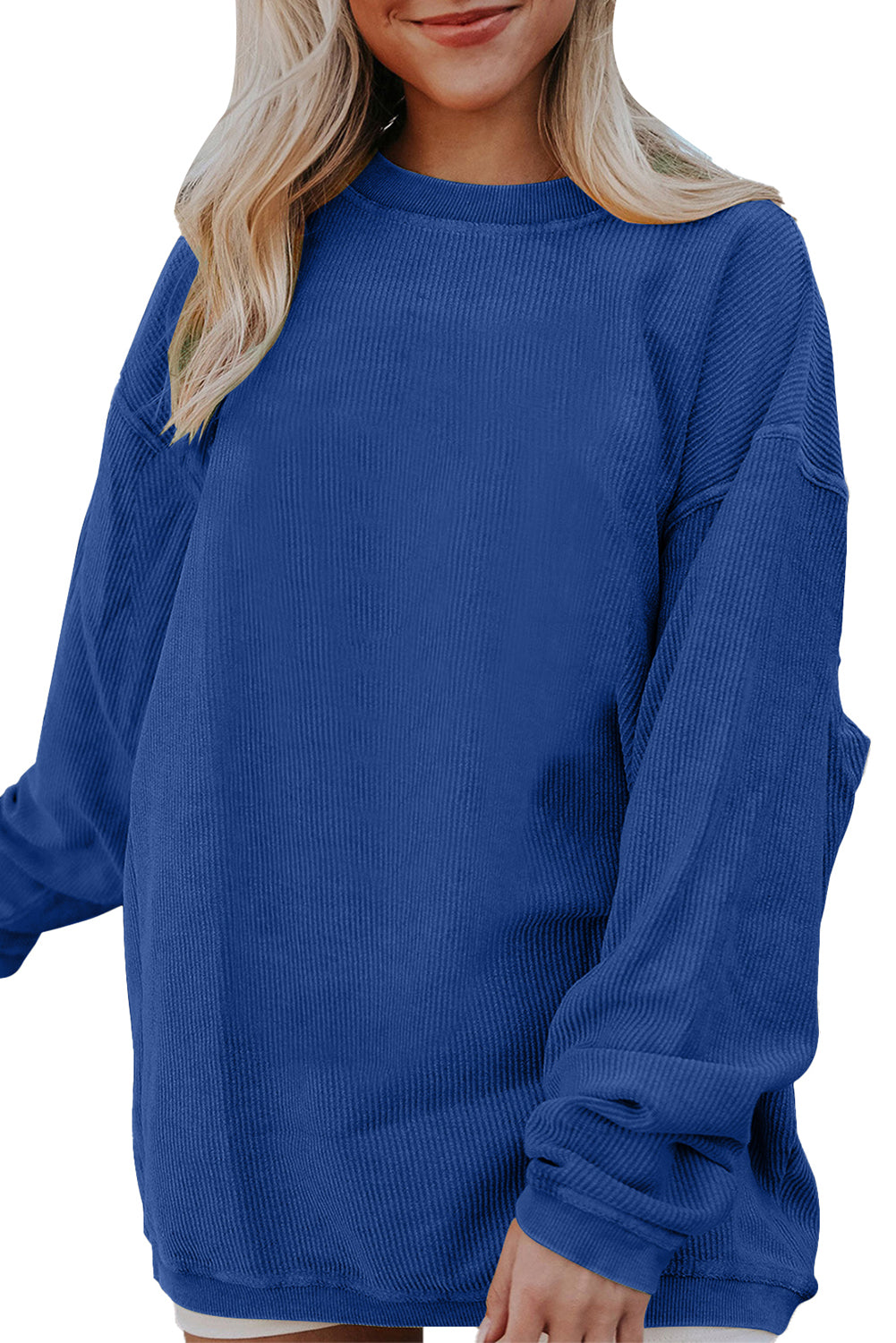 Dark Blue Plain Drop Sleeve Crinkle Rib Oversized SweatshirtMaterial:100%Polyester

• Effortlessly stylish, this dark blue oversized sweatshirt exudes a laid-back vibe perfect for casual outings. 
• Crafted from high-qualit