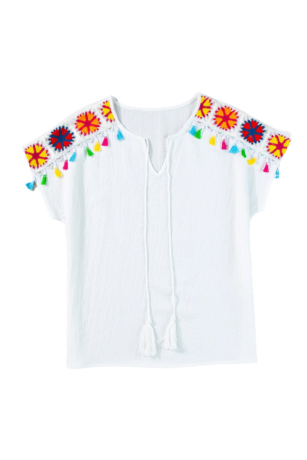 White Boho Embroidered V Neck Fringe Short Sleeve BlouseMaterial:97%Polyester+3%Elastane



		The blouse is crafted from a soft and breathable fabric, providing comfort and allowing for easy movement.
	
	
		This blou