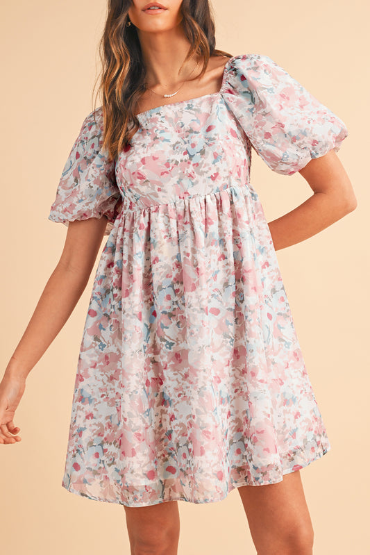 Pink Floral Lantern Sleeve Square Neck Ruffled Mini Dress