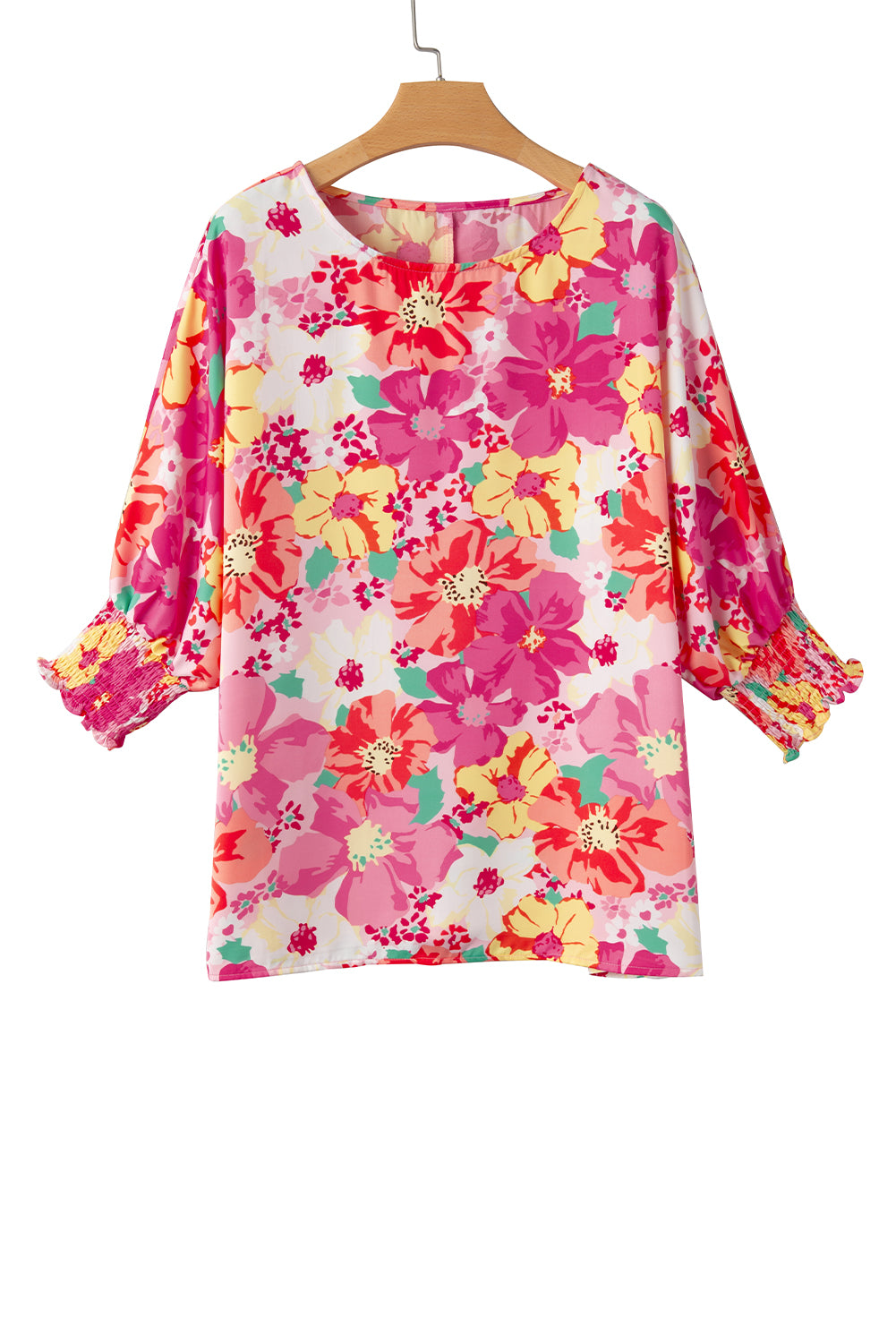 Pink Shirred Cuffs 3/4 Sleeve Boho Floral BlouseMaterial:100%Polyester



		The blouse is a stylish and feminine top featuring shirred cuffs and a boho-inspired floral print, adding a touch of bohemian charm to 