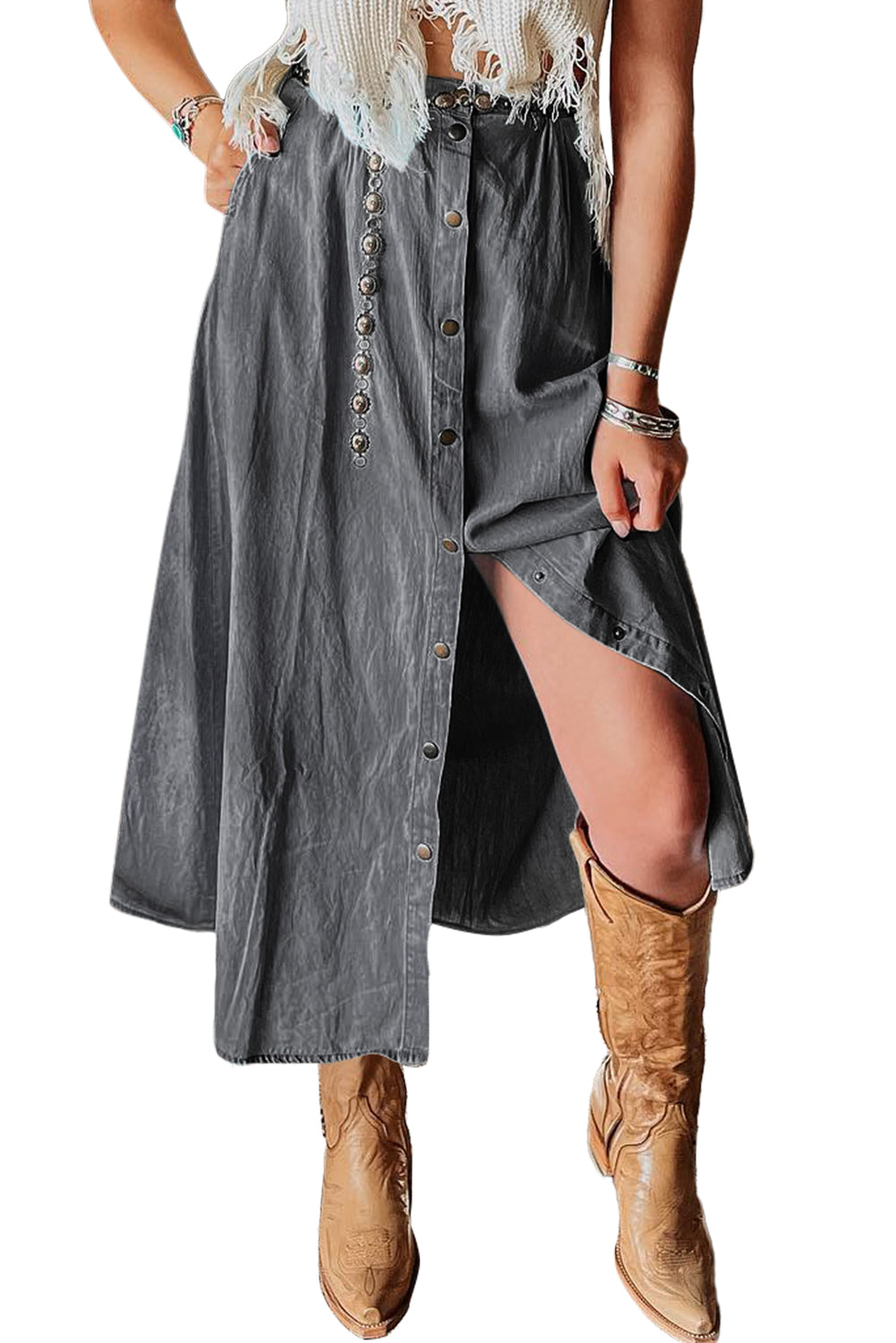 Dark Grey Fully Buttoned Long Denim SkirtMaterial:100%Lyocell

• Effortlessly chic, this dark grey denim skirt features a fully buttoned front for a touch of vintage charm.
• The high waist design of this