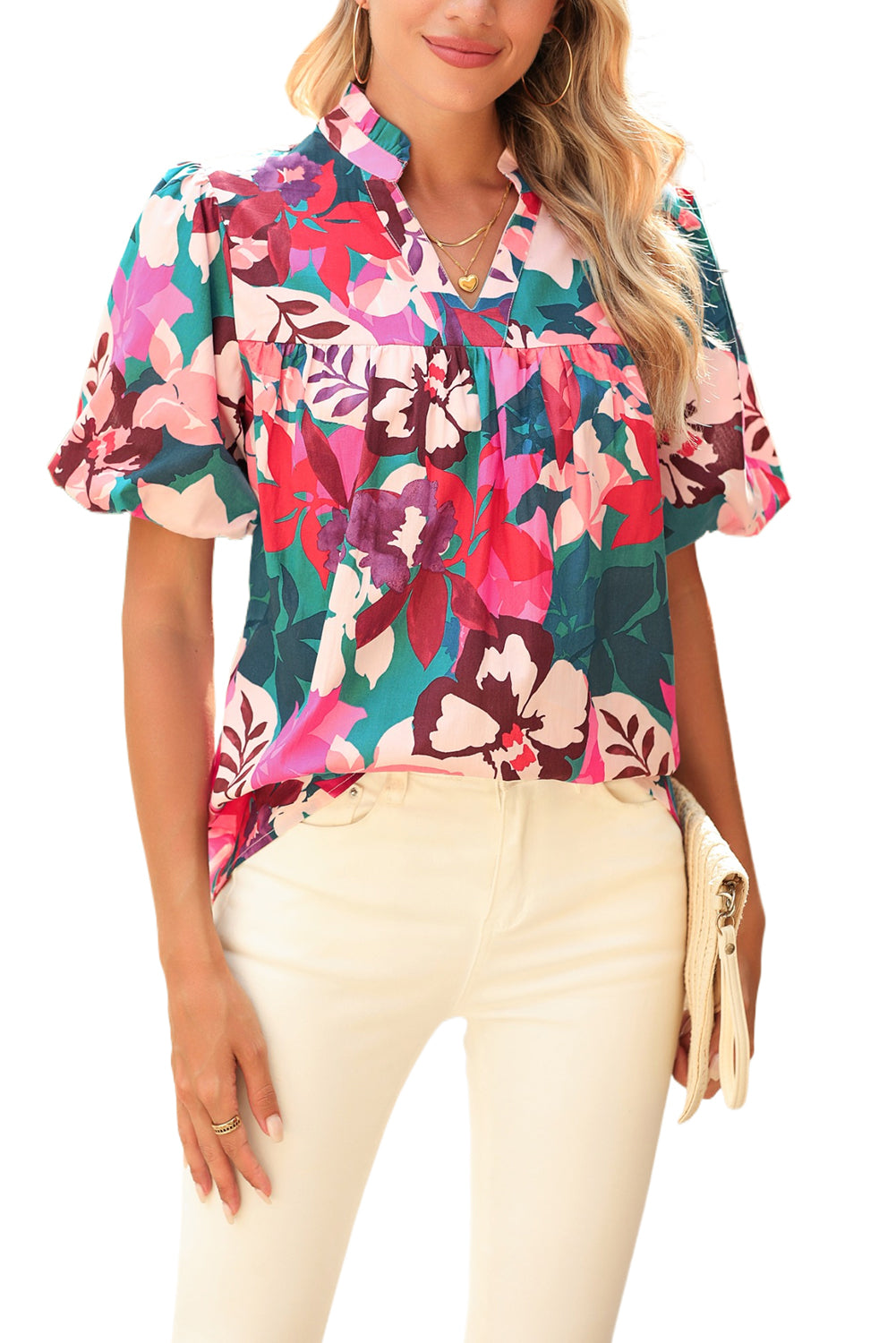 Rose Red Floral Print V Neck Lantern Sleeve BlouseMaterial:100%Cotton



		TThe floral print adds a feminine and romantic touch to the blouse, making it perfect for spring and summer seasons.
	
	
		The blouse i