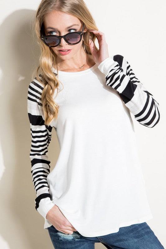 PLUS ENGINEERING STRIPE MIXED TOPPLUS ENGINEERING STRIPE AND SOLID MIXED LONG SLEEVE ROUND NECK TOP-ENGINEERING STRIPE AND SOLID JERSEY MIXED-LONG SLEEVE ROUND NECK-BASEBALL CASUAL PLUS TOP-95% RAYO