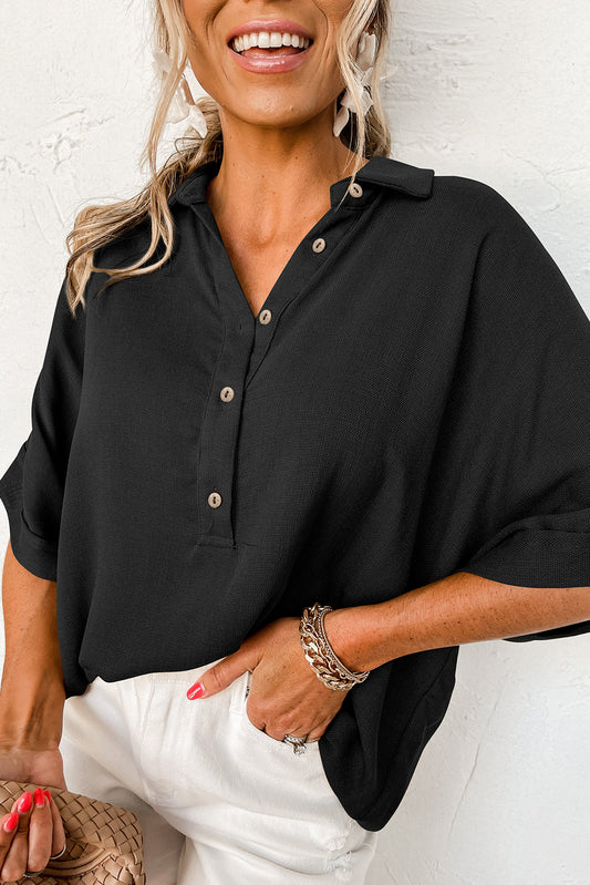 Taupe Collared Half Buttoned Dolman Sleeve Oversized BlouseMaterial:70%Viscose+30%Linen



		Introduce casual elegance to your wardrobe with this oversized top. 
	
	
		It boasts a collared neck, half-button front, and f