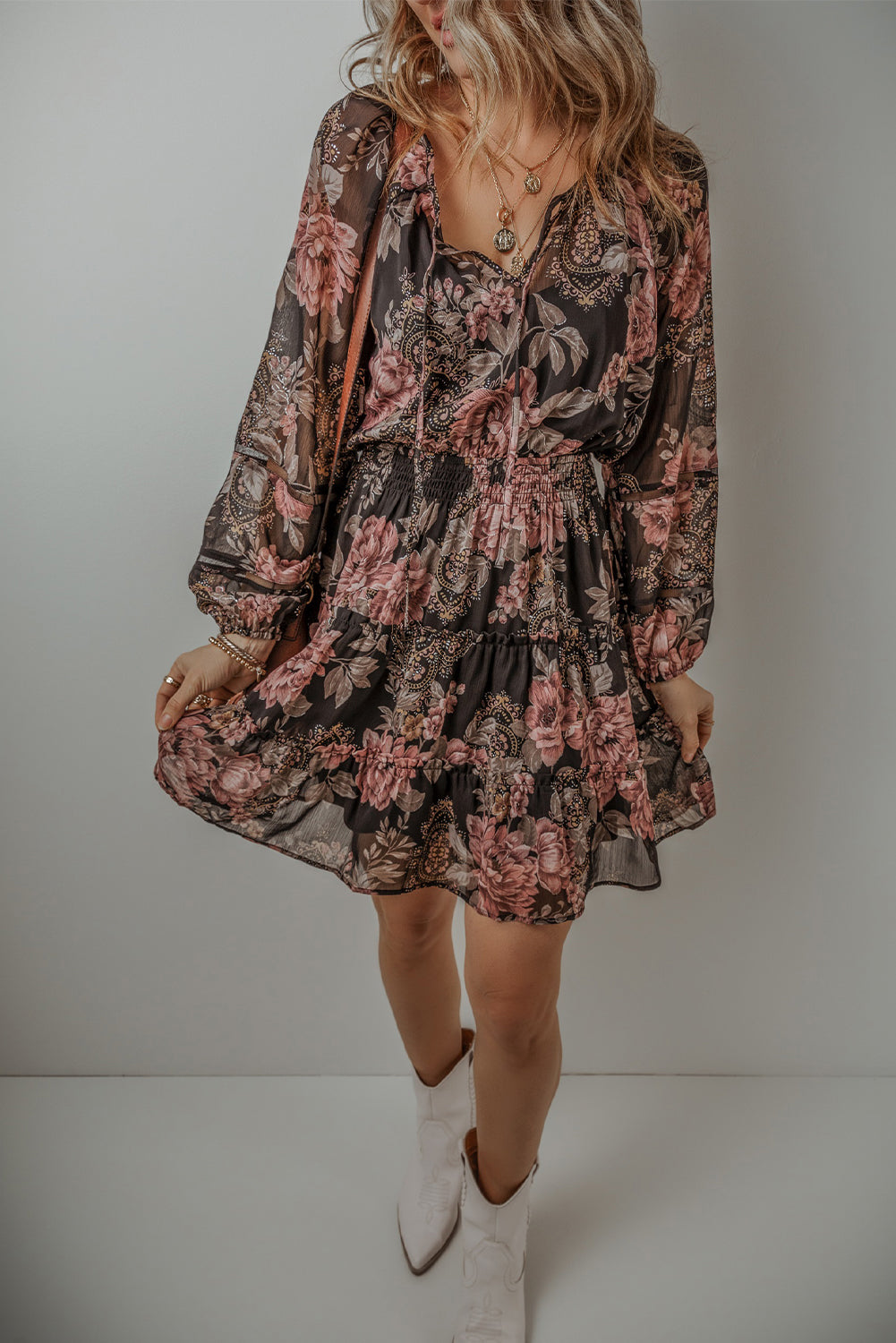 Black Floral Puff Sleeve V Neck Smocked Waist Mini DressMaterial:100%Polyester

• Embrace the essence of bohemian style with this dress, featuring a charming floral print that adds a touch of femininity.
• The V-necklin