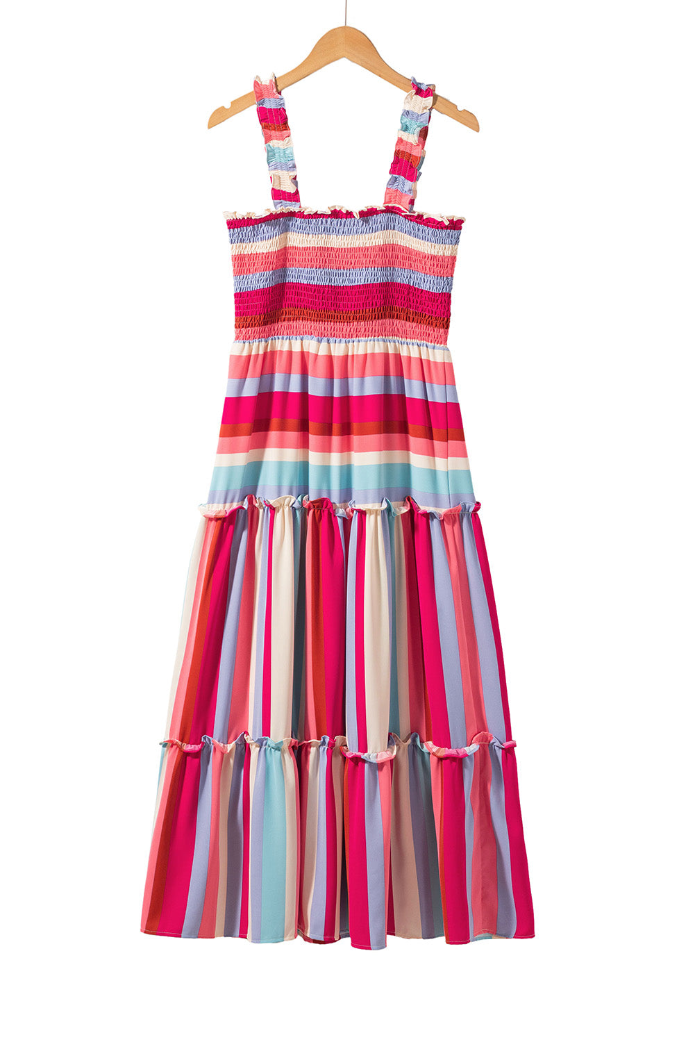 Red Stripe Ruffled Straps Smocked Tiered Midi DressMaterial:100%Polyester



		Embrace the timeless charm of the multicolor stripes pattern, making this long dress a classic and popular choice.
	
	
		Achieve a p