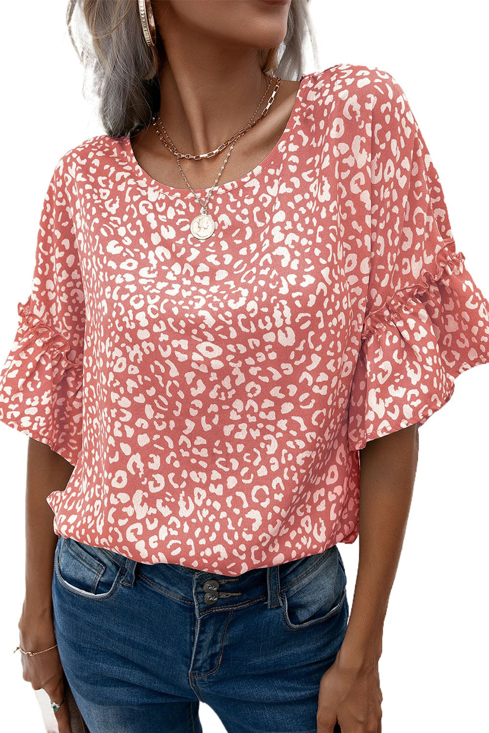 Pink Leopard Print Casual Flounce Sleeve Blouse for WomenMaterial:100%Polyester



		•A stylish, trendy way to add a touch of animal print to your wardrobe.
	
	
		•The flounce sleeves add a playful touch to a classic 