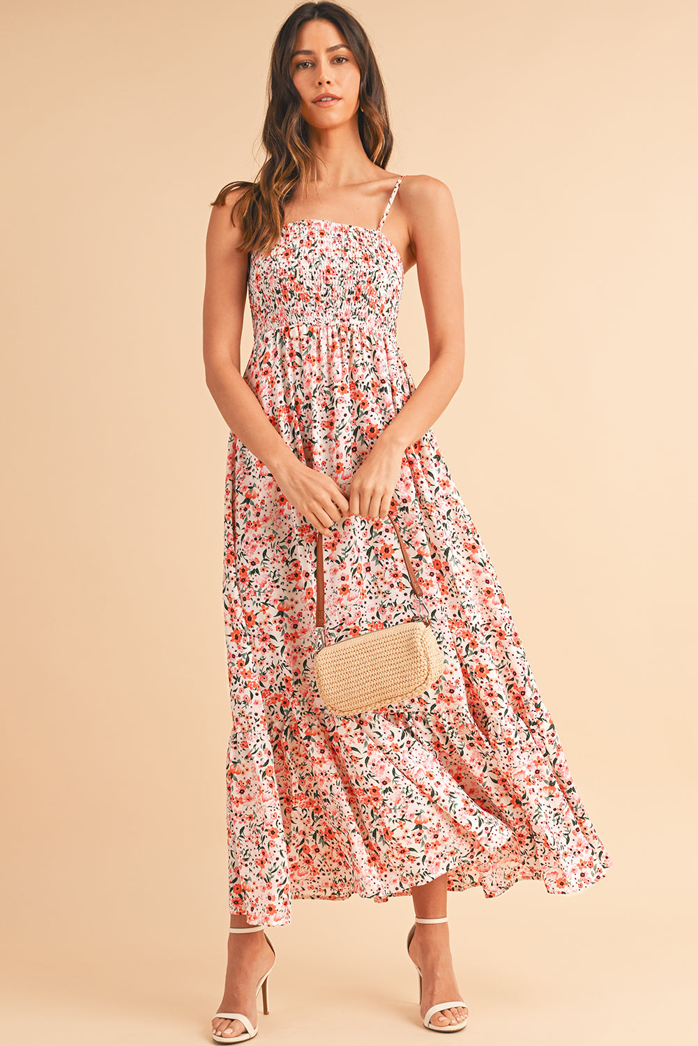 White Boho Floral Self-tie Smocked Ruffle Maxi DressMaterial:100%Polyester


	


		The maxi dress showcases a bohemian-inspired style with its floral print and smocked details, perfect for embracing a romantic and