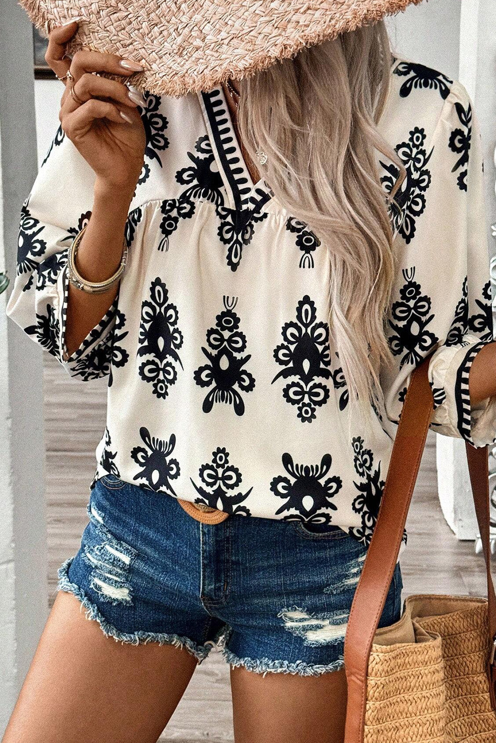 Beige Ethnic Abstract Print Puff Sleeve V Neck Blouse