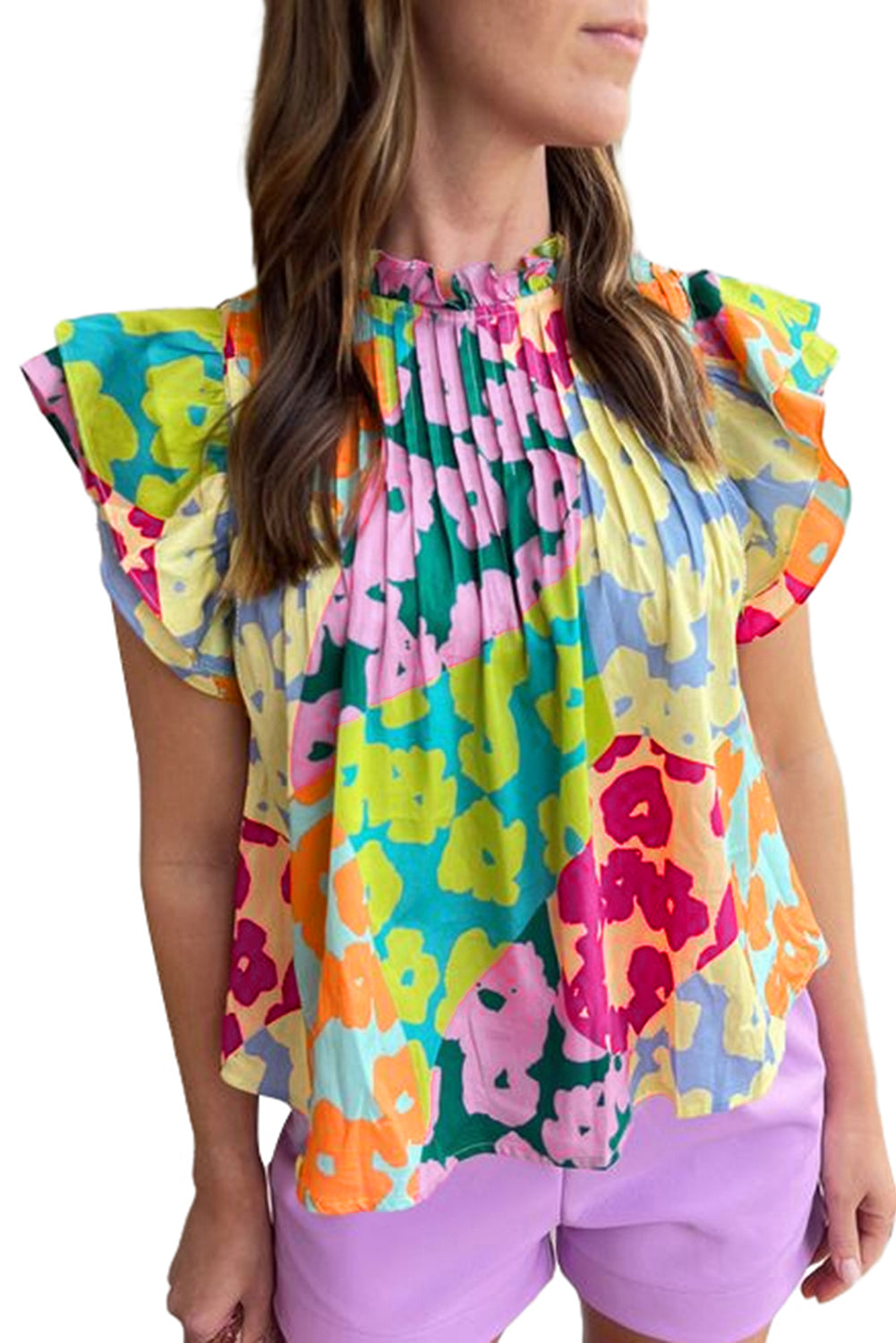 Multicolor Abstract Print Layered Ruffle Sleeve Pleated BlouseMaterial:100%Polyester



		The blouse is a vibrant and stylish blouse featuring an abstract print, perfect for adding a pop of color to your outfit.
	
	
		Made