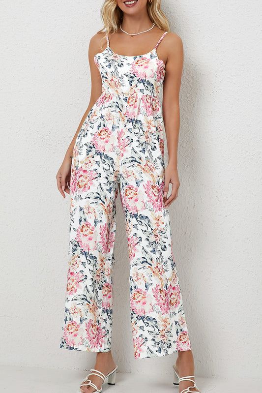 White Floral Spaghetti Straps Wide Leg JumpsuitMaterial:100%Polyester



		This floral jumpsuit adds a touch of femininity and elegance.
	
	
		Featured with a high waist, spaghetti straps, wide legs, and a f