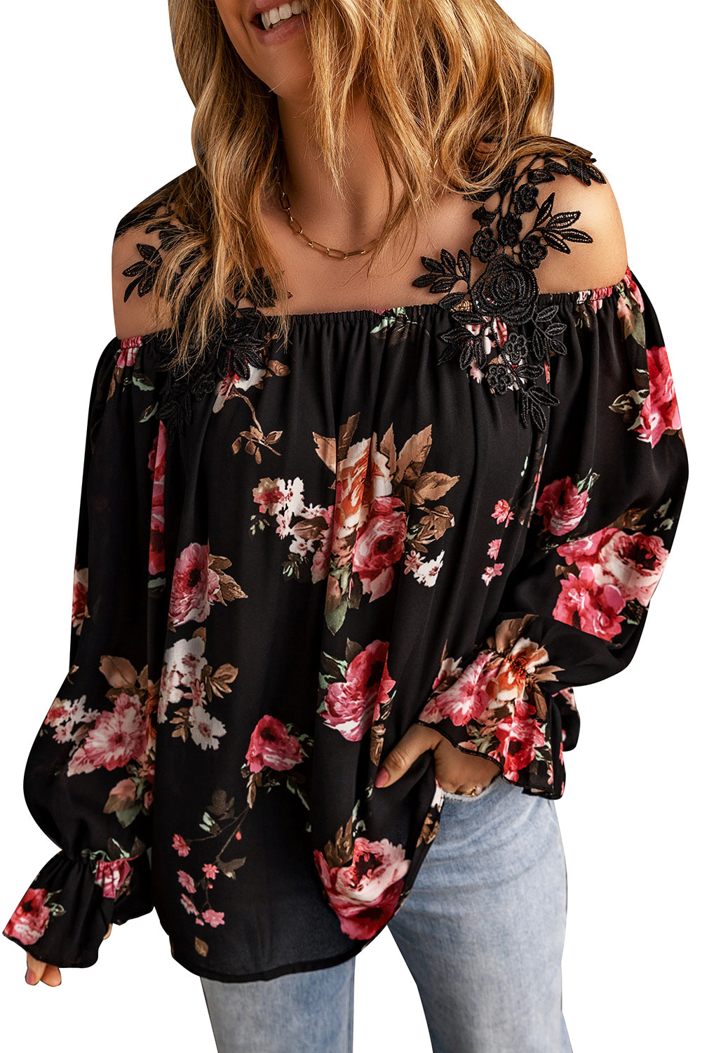 Black Floral Print Lace Loose Off Shoulder BlouseMaterial:100%Polyester



		The cold shoulder
design makes this blouse much sexier than you think
	
	
		The sleekness and
silkiness touch gives endless comfor