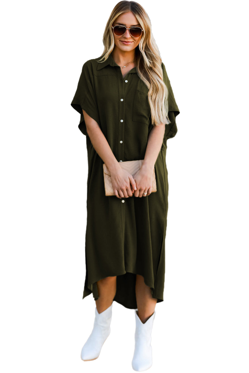 Jungle Green Loose High Low Side Slits Short Sleeve Shirt DressMaterial:100%Polyester


	

			This dress is designed to be friendly to any shape, offering a relaxed fit and comfortable wear.
		
		
			Featuring a collared n