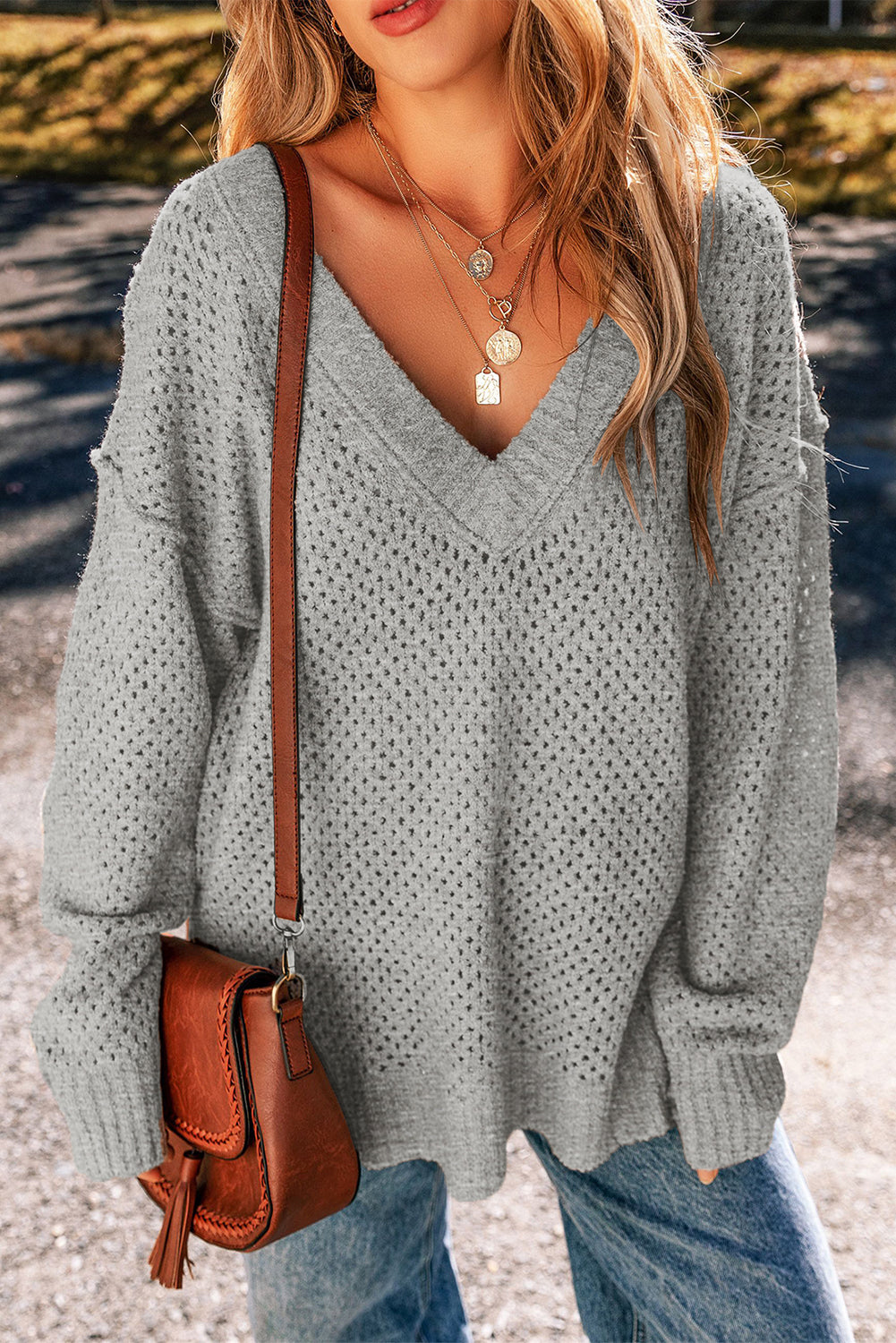 Parchment Plain Oversized Hollowed Knit Sweater