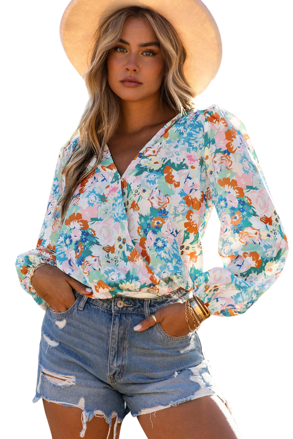 Light Blue Floral Print Boho Wrap V Neck Puff Sleeve BodysuitMaterial:100%Polyester



		The floral bodysuit is perfect to change a modern summer look
	
	
		Great to pair with jeans, pants, leggings and skirts
	
	
		We