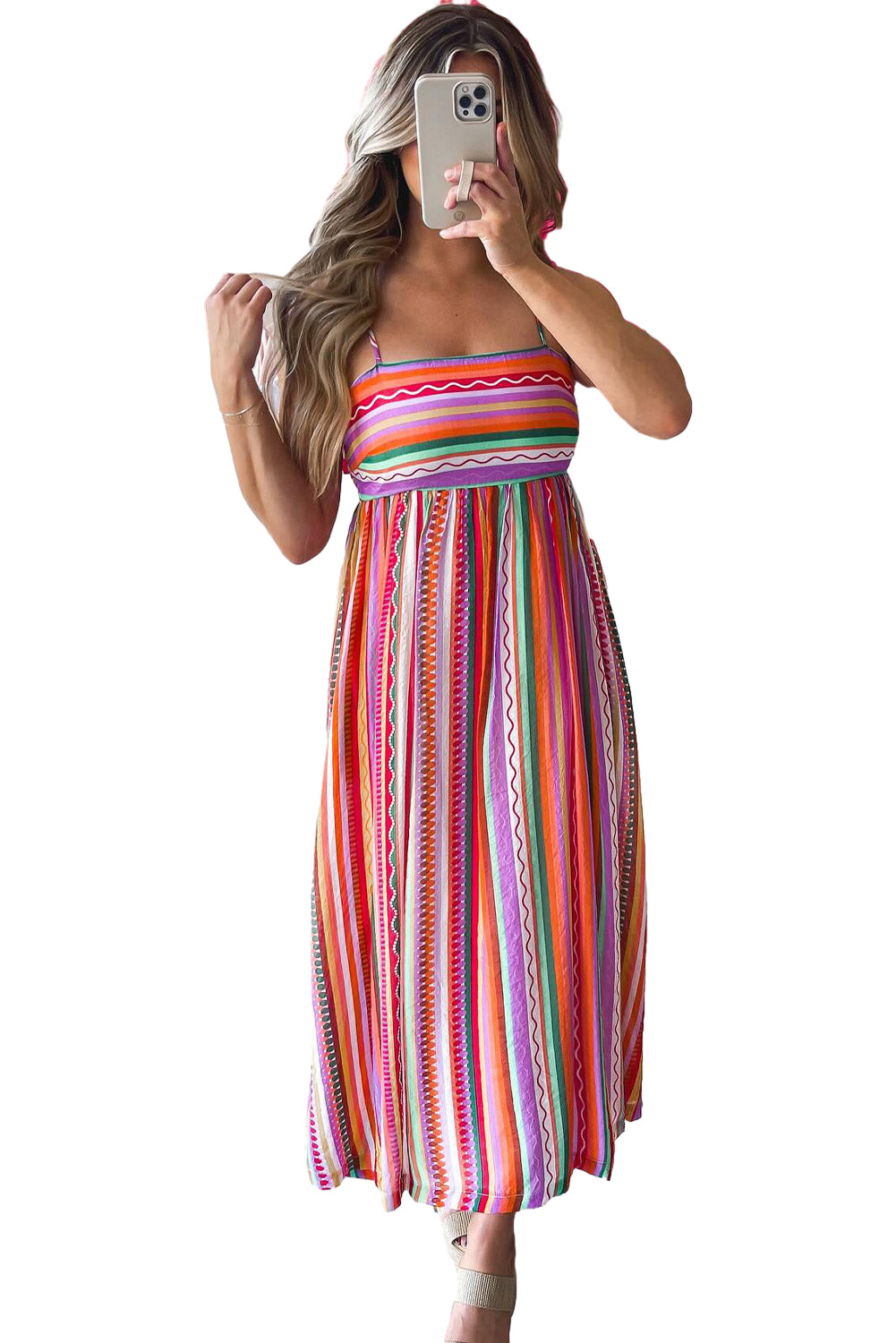 Multicolour Boho Striped Spaghetti Strap Smocked Back Maxi DressMaterial:100%Polyester

• Embrace a vibrant blend of colors in this maxi dress, perfect for daily wear with its relaxed, sleeveless design.
• The shirred back ensu