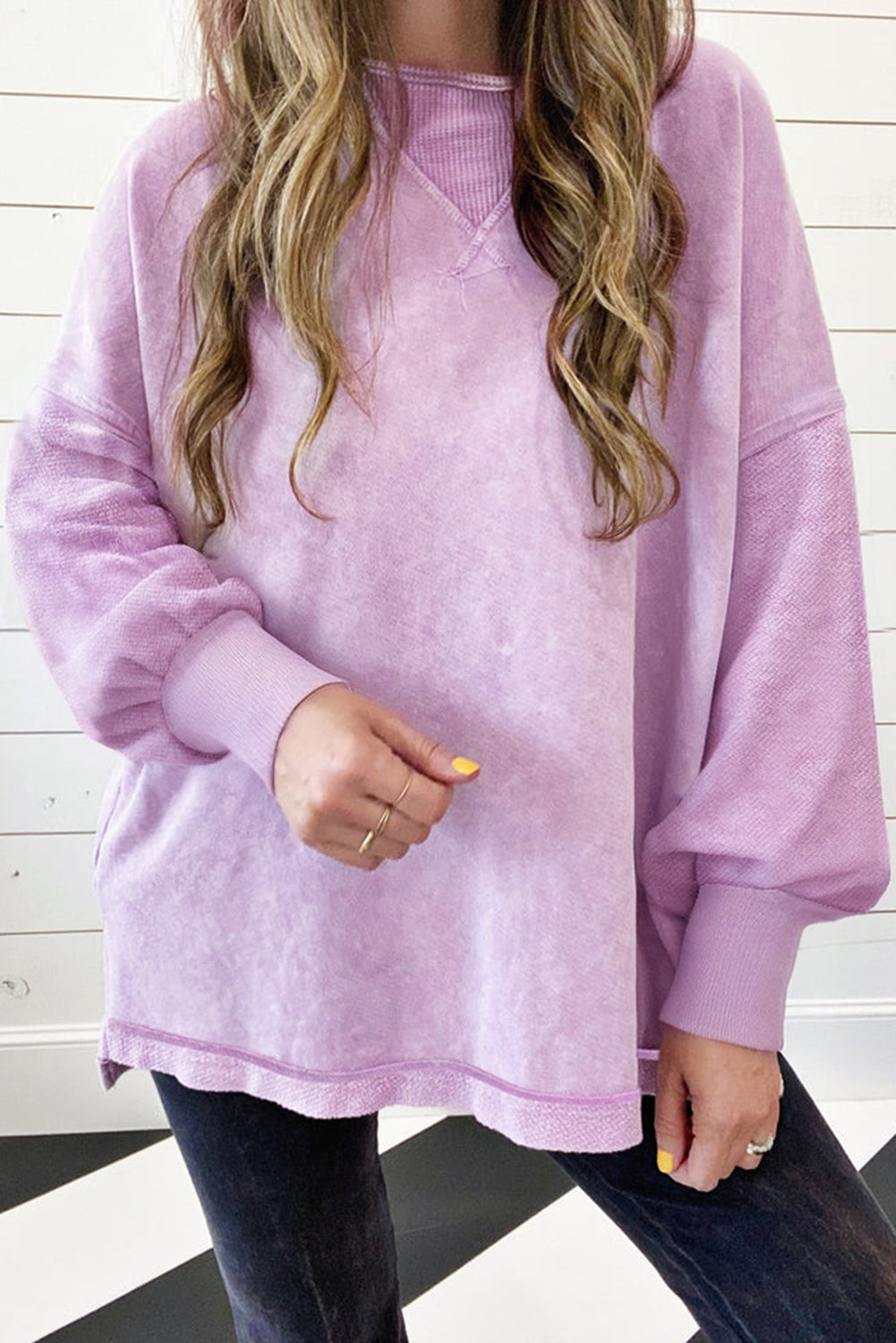 Orchid Petal Mineral Wash Drop Shoulder Oversized SweatshirtMaterial:85%Cotton+15%Polyester

• The unique patchwork design adds a stylish twist to your casual look.
• Enjoy the comfort of the oversized fit and drop shoulder