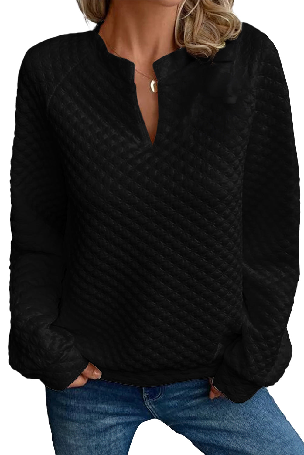 Black Quilted V-Neck Solid Color Long Sleeve TopMaterial:95%POLYESTER+5%ELASTANE



		The top is a classic and versatile piece that offers both comfort and style with its quilted texture and simple design.
	
	