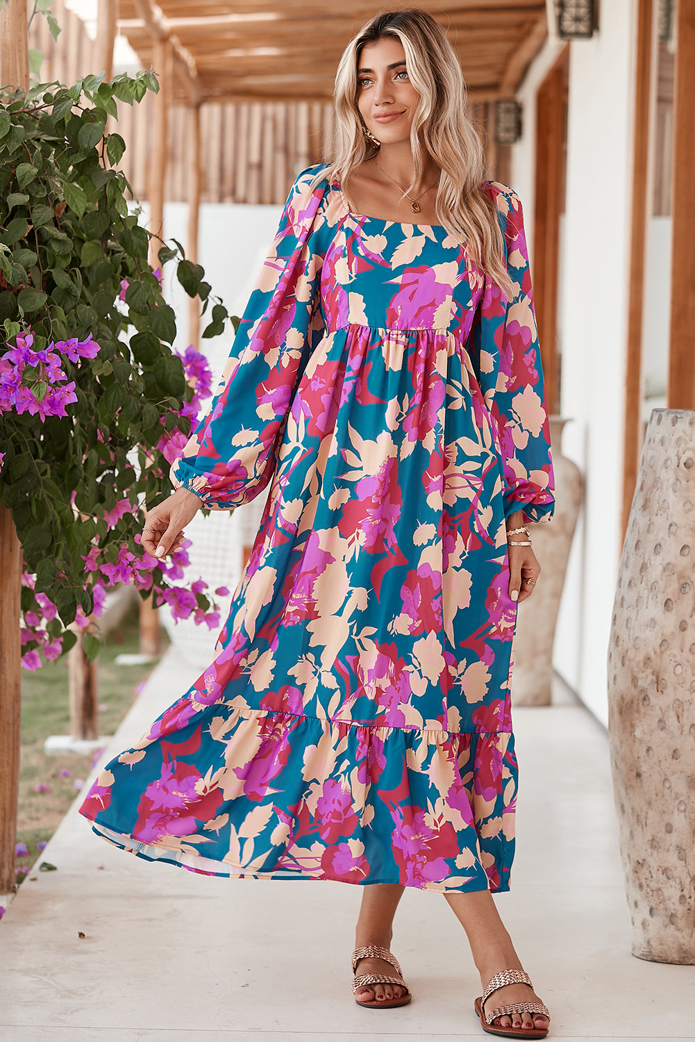 Multicolor Boho Floral Print Square Neck Ruffle Midi DressMaterial:100%Polyester



		This puff-sleeve dress brings a touch of vintage charm and whimsy
	
	
		Embrace the beauty of nature with the captivating floral pri