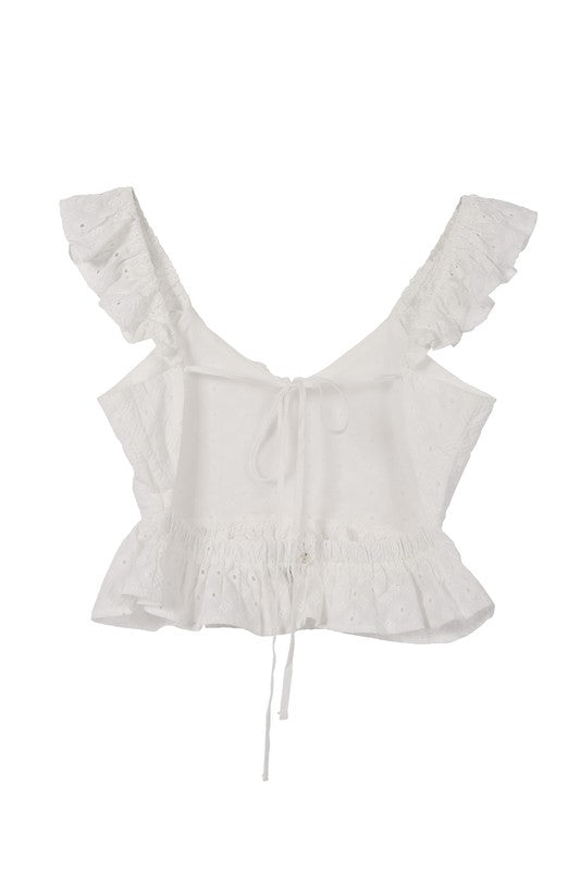 SL ruffled top with flare*White eyelet embroidered details with ruffle trim and open back tie peplum top*Pattern type : white jacquard eyelet fabric *Neck line : round scoop neck*Sleeve leng