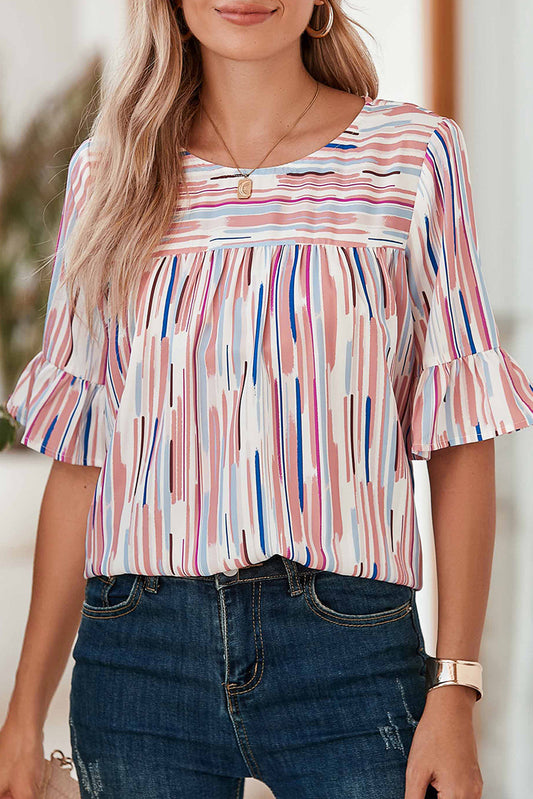 White Abstract Print Ruffle Half Sleeve BlouseMaterial:100%Polyester



		The blouse features a colorblock design, where different colors are strategically placed to create a visually striking contrast. 
	
	