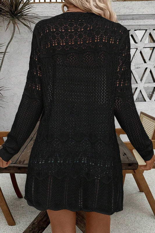 Black Hollow Out Crochet Open Front Long Cardigan