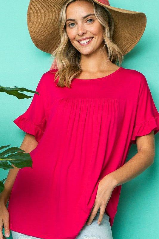 PLUS SOLID RUFFLED SL BABY DOLL TOPPLUS SOLID JERSEY ROUND NECK RUFFLED SHORT SLEEVE BABY DOLL TOP95% RAYON, 5% SPANDEX MADE IN USA1X/2X/3X 2-2-2
Style: Casual
Print / Pattern: SOLID
Fit: Loose
Neck L