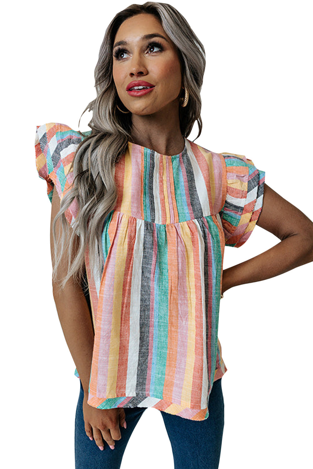 Multicolor Striped Back Button Keyhole Layered Sleeve BlouseMaterial:100%Polyester



		Vibrant and eye-catching striped print design.
	
	
		Tiered sleeves add a unique and stylish touch to the blouse.
	
	
		Pair with