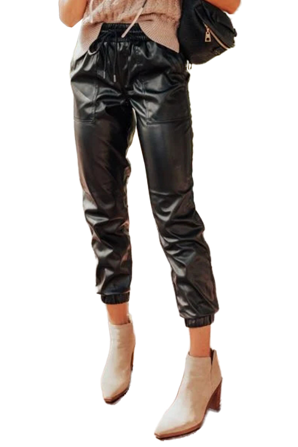 Black Faux Leather Smocked Waist Drawstring Cropped PantsMaterial:100%PU

• Crafted from high-quality black faux leather, these cropped pants exude a sleek and modern appeal, perfect for both casual and dressy outfits.
•