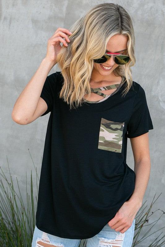 PLUS CAMOUFLAGE PRINT BASIC TOP- Plus camouflage print mixed basic top- Lace up v neck - Short sleeves and chest pocket- Camouflage print and solid jersey mixed- 1X/2X/3X 2-2-2- 95% RAYON, 5% SPAN