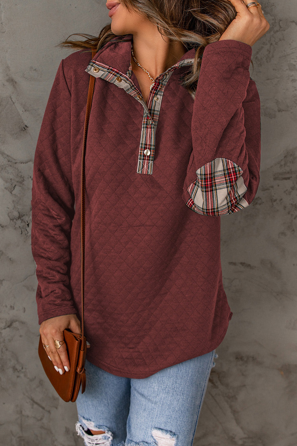 Red Plaid Geometric Texture Trim Button Neck Sweatshirt