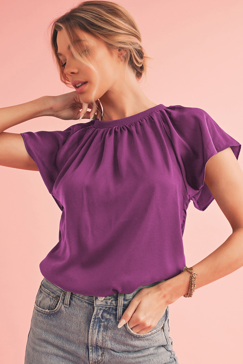 Violet Solid Color Pleated Flutter Sleeve Satin BlouseMaterial:100%Polyester



		This satin top is soft and sleek
	
	
		The shiny satin fabric makes this top looks elegant and luxurious
	
	
		The pleated detail